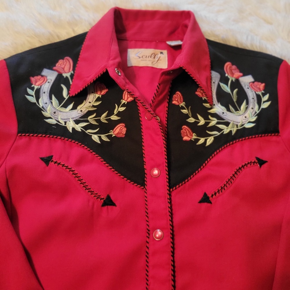 Scully Shirt Red Western Snap on Smile Pockets Pearl Snap Rose Floral-M - Picture 10 of 12